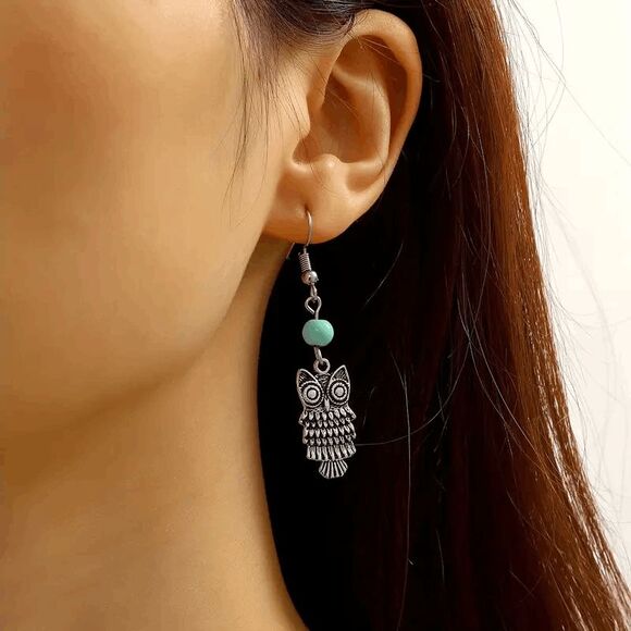 Boho Turquoise Owl Dangle Earrings - Picture 8 of 8